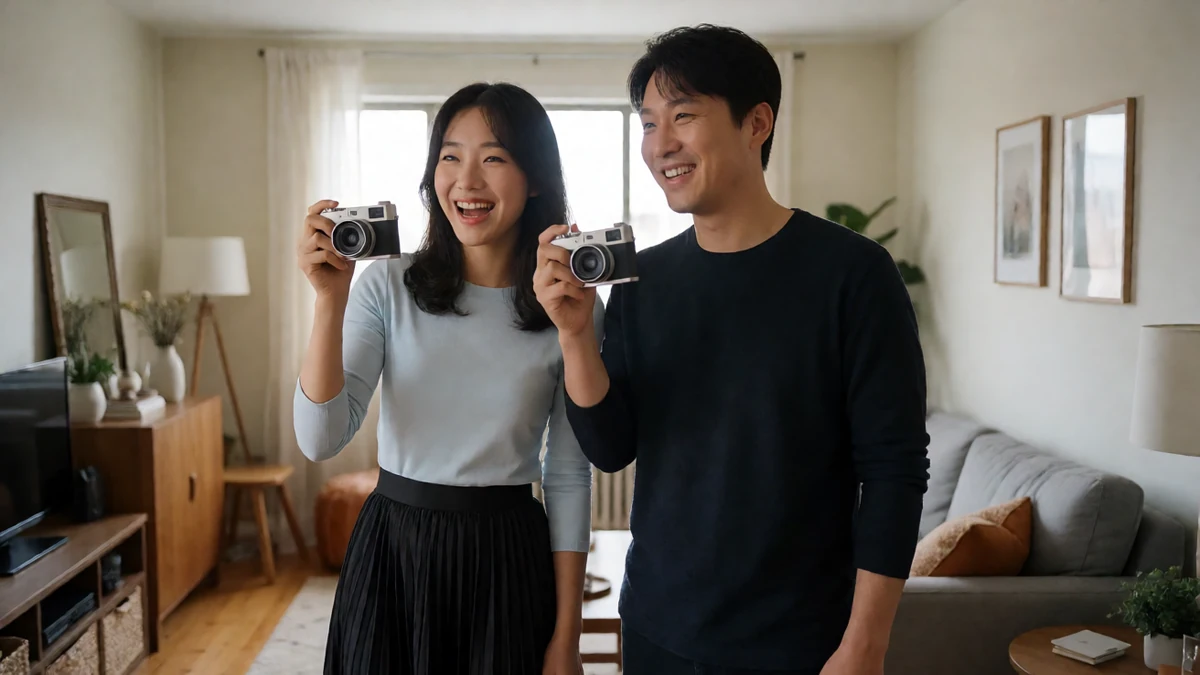 久久爱情侣自拍主题图,两名成年人物坐在客厅沙发前合影
