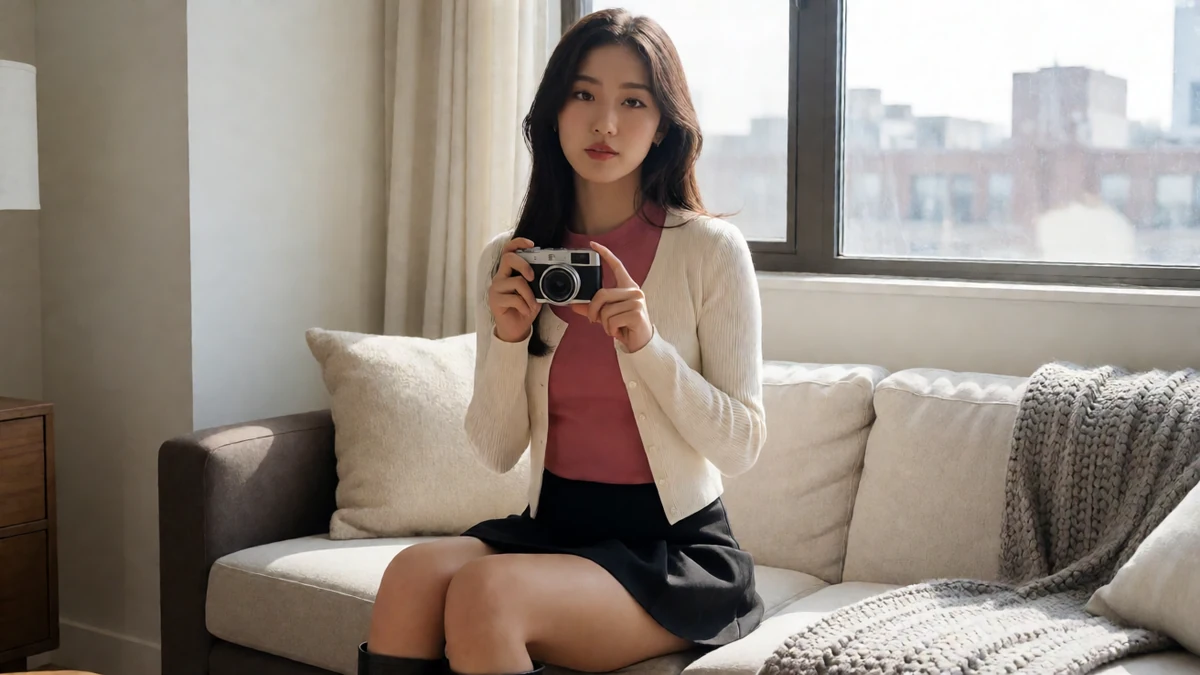 久久爱私密短片主题图,成年女性在客厅近景手持相机