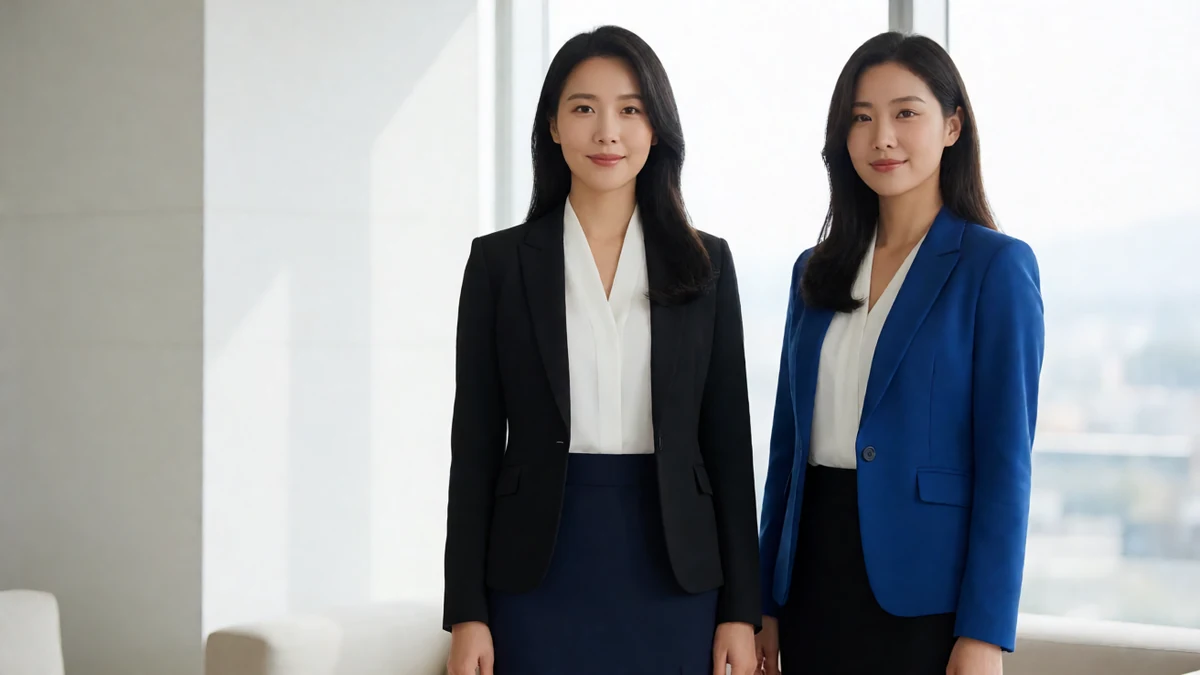 久久爱职场穿搭主题图,两名成年女性穿黑蓝西装外套和白衬衫在明亮室内同框